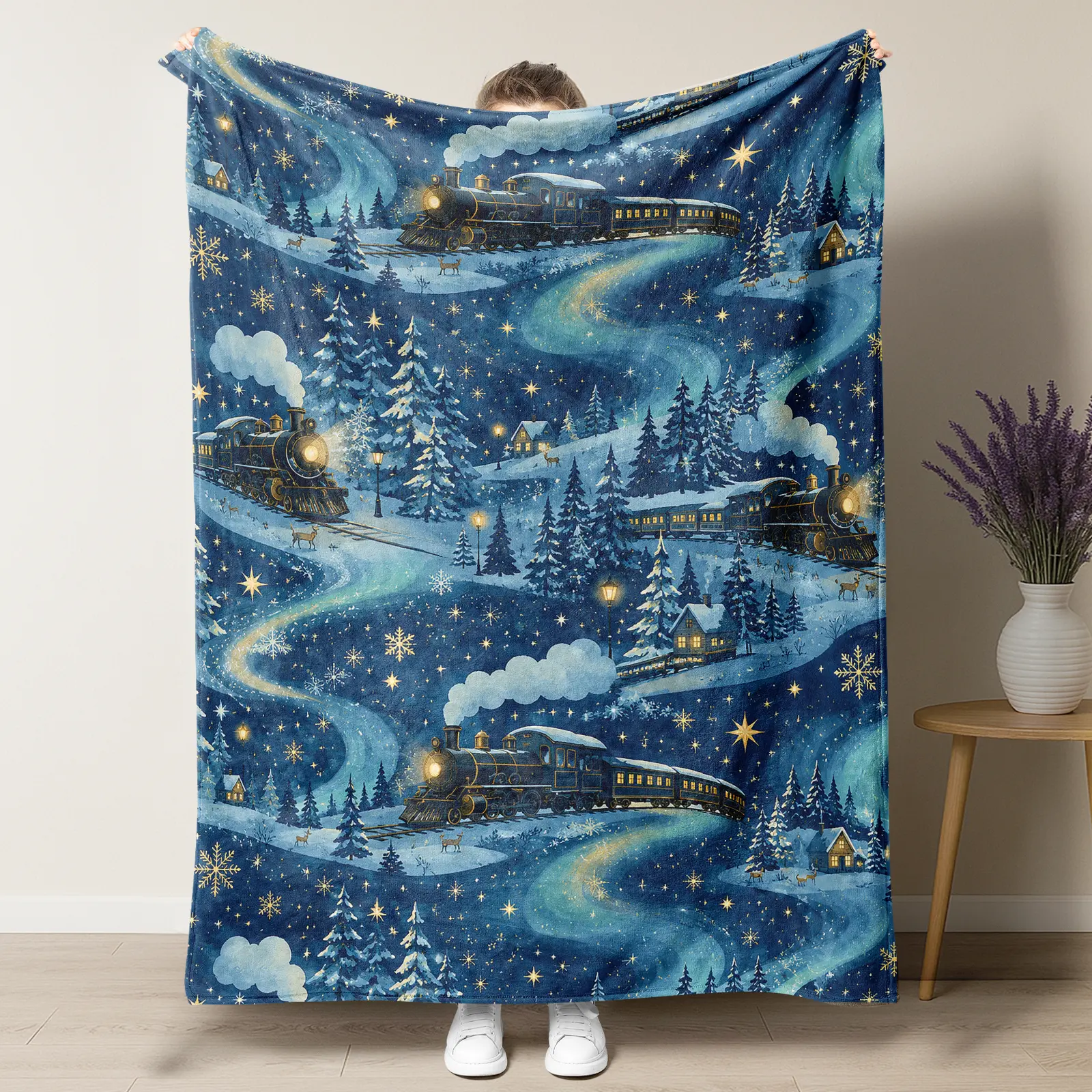 Dark Blue Soft Touch Winter Polar Express Train Christmas Throw Blanket - Indoor/Outdoor Home Bedding Essential for Bedroom Decor, Ideal Holiday Gift for Family & Friends