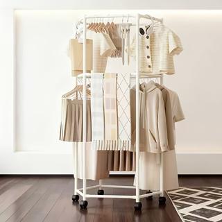 Mobile double-layer clothes hanger, bathroom storage rack, balcony clothes hanger, rotatable floor-standing clothes hanger, simple multi-layer clothes hanger and storage rack for living room, hexagonal multifunctional household balcony clothes hanger