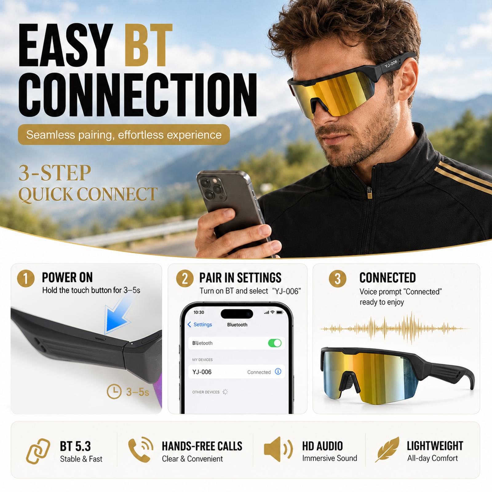 Bluetooth Smart Multifunctional Audio Sunglasses, Wireless Audio Eyewear with 130mAh Rechargeable Battery, Type-C Charging, UV400 Polarized Cycling Glasses with Open-Ear Audio and Hands-Free Calling for Men Women