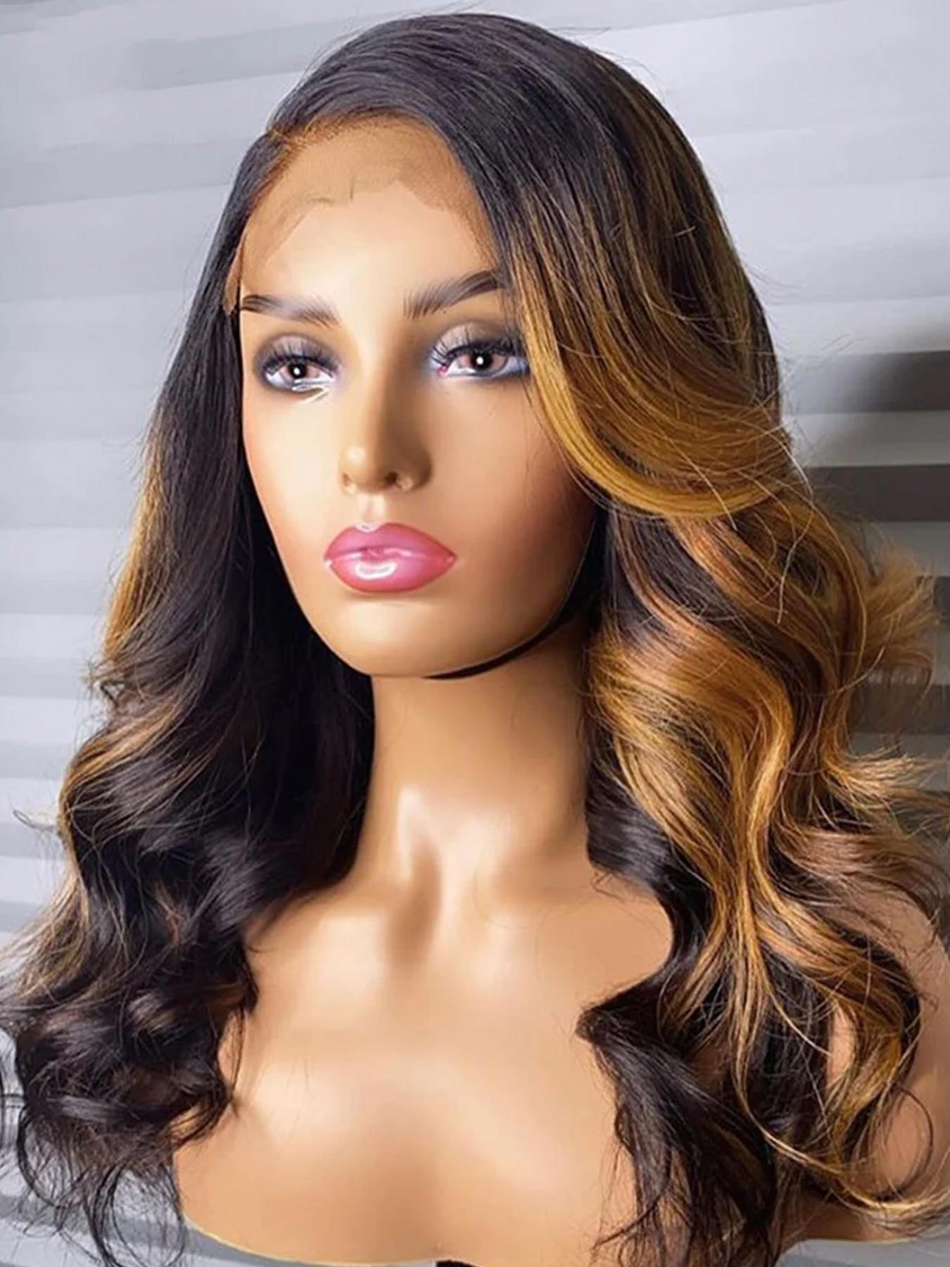 13x4 HD Lace Front Human Hair Wigs Body Wave Glueless Pre Plucked Natural Hairline with Baby Hair 20 Inch 180% Density Natural Black 1B With Blonde Highlights Ombre Mixed Color Wavy Hair for Women Daily Party Wear