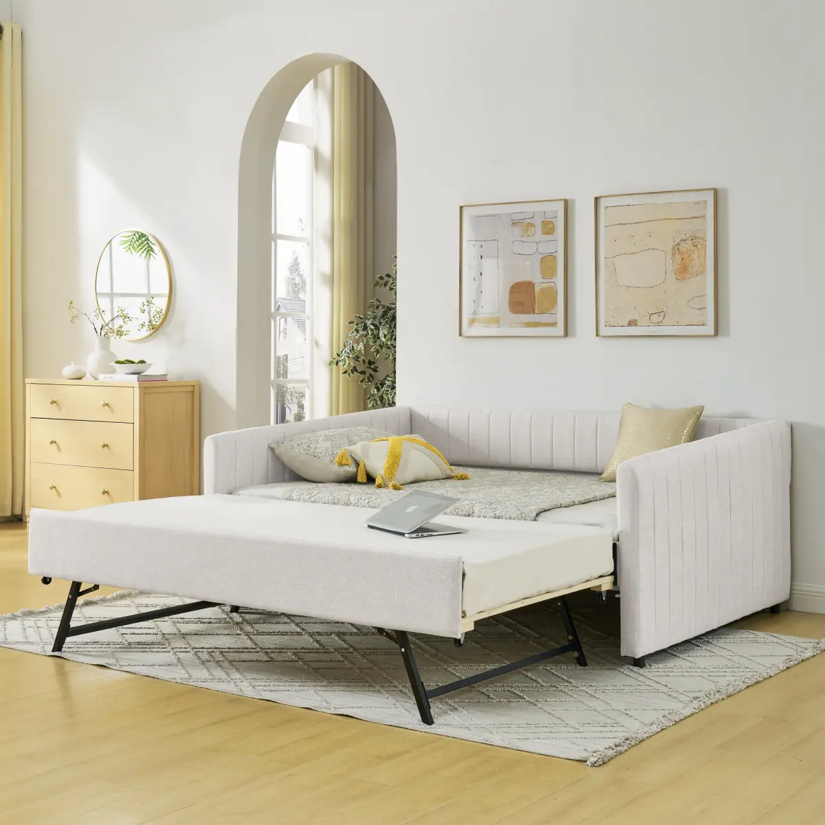 Vertical Stripe Daybed, Soft Padded Ergonomic Sofa Bed, Available in Pull‑Out Trundle or 2‑Storage‑Drawer Styles, Easy‑Assembly Multipurpose Furniture for Home & Commercial Spaces