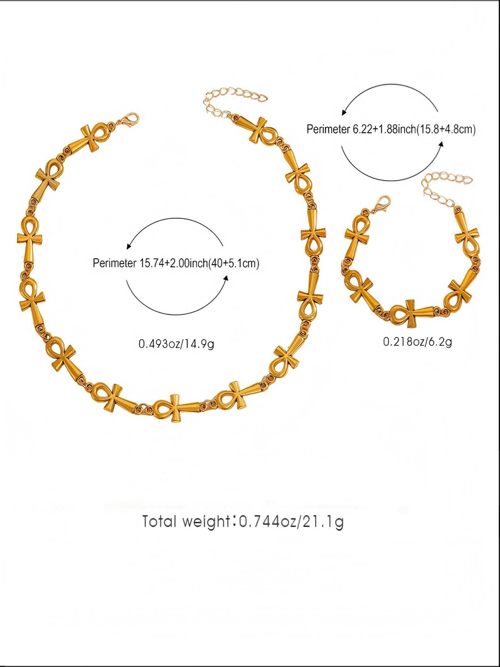 Anka Cross Necklace Bracelet Set, Alloy Hip Hop Retro Unisex Daily Wear, Lifeforce Symbol, Fade-Resistant, Adjustable, Trendy Street Style