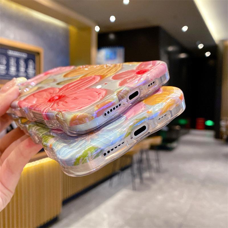 Oil Painting Flower Wavy Edge Phone Case - Laser Glitter Soft TPU Shockproof Cover for iPhone | Aesthetic Floral Case for Women Spring Daily Party Vacation Wear