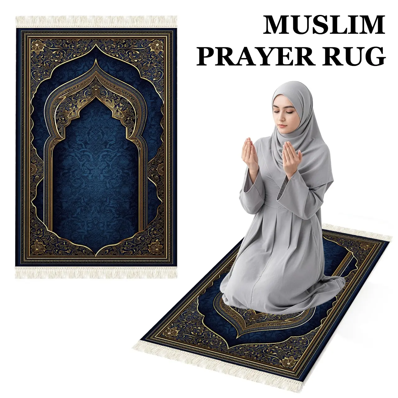 Muslim Prayer Rug, Blue-Gold Arabic Arch Floral Print, Thick Padded Non-Slip Mat, Foldable for Daily Salah & Travel, Islamic Gift, Prayer Mats