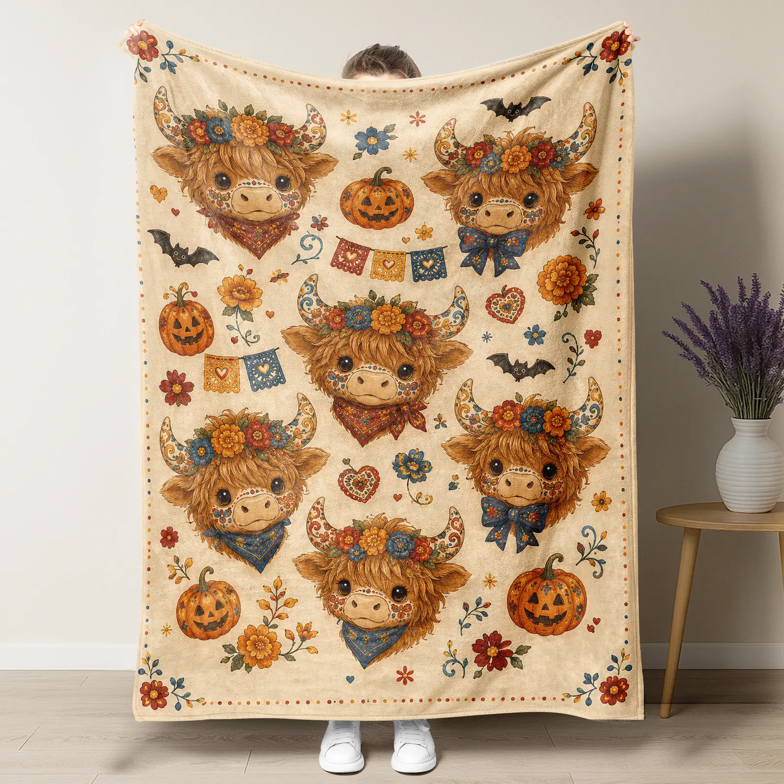 Halloween Highland Cow Throw Blanket,Floral Highland Cow Pumpkin Bat Vintage Flannel Blanket,Fall Autumn Western Farmhouse Soft Cozy Blanket for Sofa Bed Halloween Home Decor