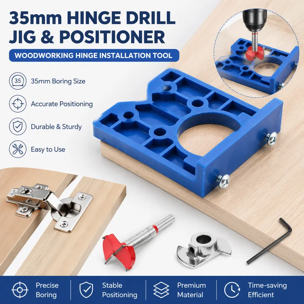 35mm Hinge Hole Drilling Jig, Cabinet Hinge Boring Template, Woodworking Hinge Locator with Forstner Bit