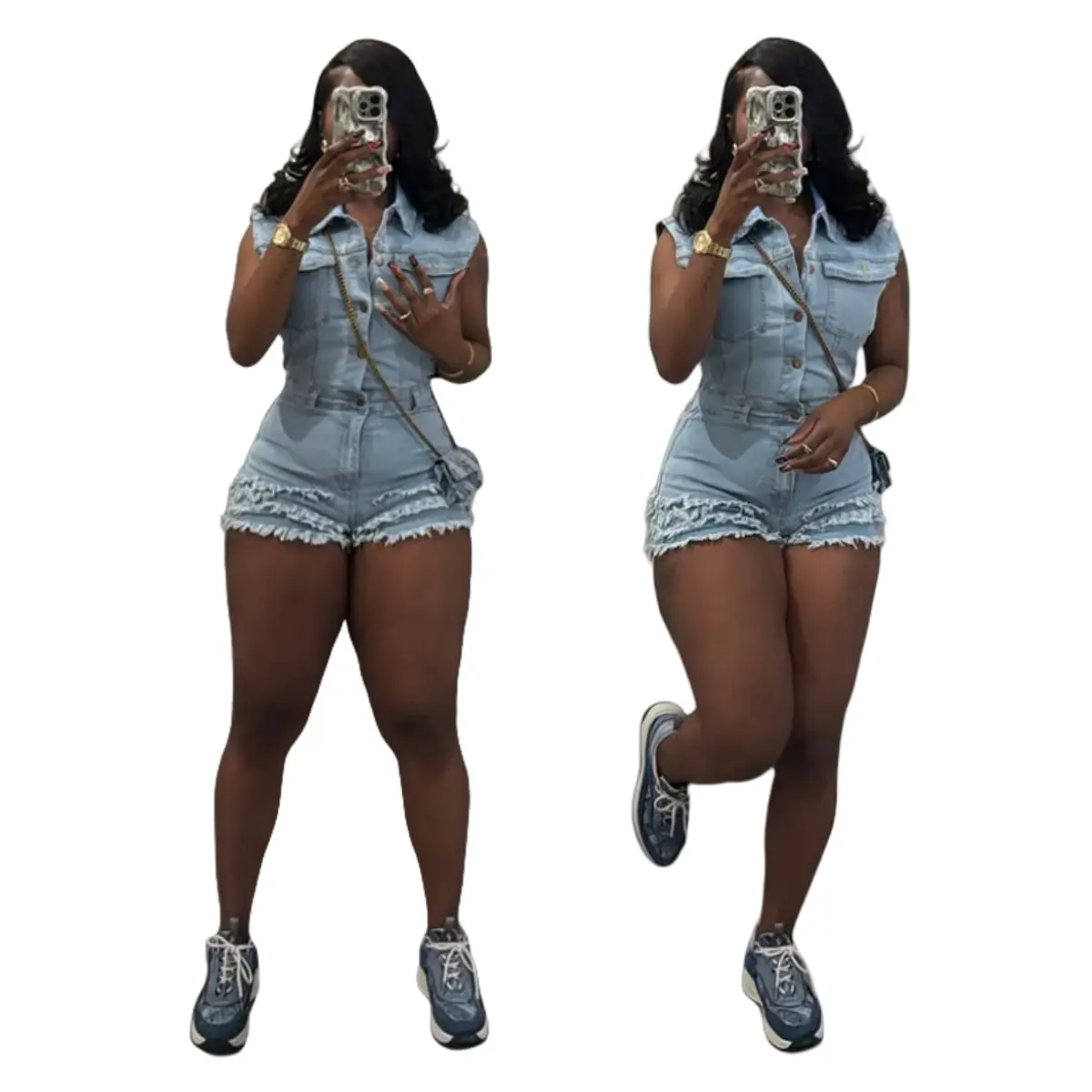 Women New Stretch Denim Sleeveless Jumpsuit Shorts, Slim Fit Bodycon Denim Romper, Casual Summer Fitted Sleeveless Denim Short Overalls, Trendy European American Streetwear Stretchy Denim Playsuit For Ladies Daily Dating Going Out