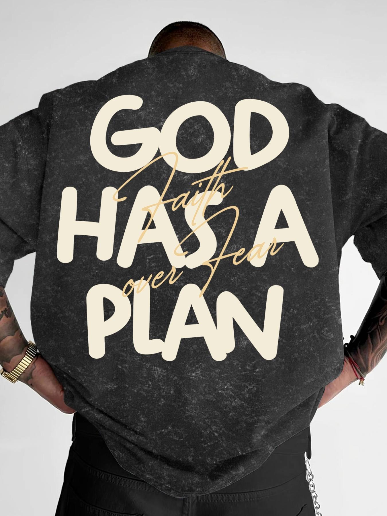 Men's Washed T-Shirt Printed with "God Has A Plan" & "Faith Over Fear", Streetwear Casual Short Sleeve Top, Slim Fit #FaithBasedTee #GodHasAPlan #WashedStreetwear #ChristianFashion #TikTokMadeMeBuyIt