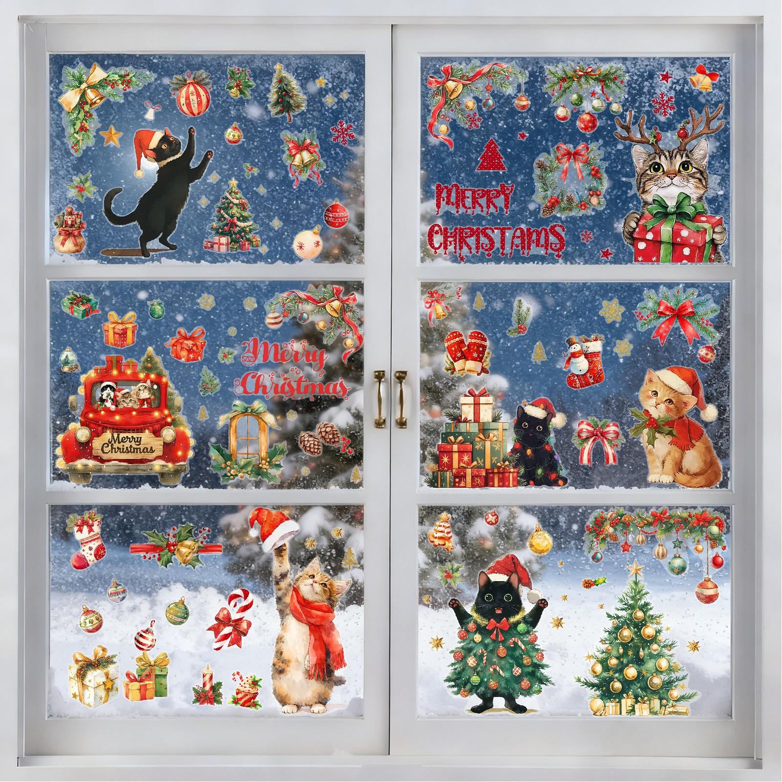 Christmas Static Cling Stickers Set, 9 Sheets 11.81x7.87 Inch, Pre-Cut Removable Holiday Window Decorations, No Residue