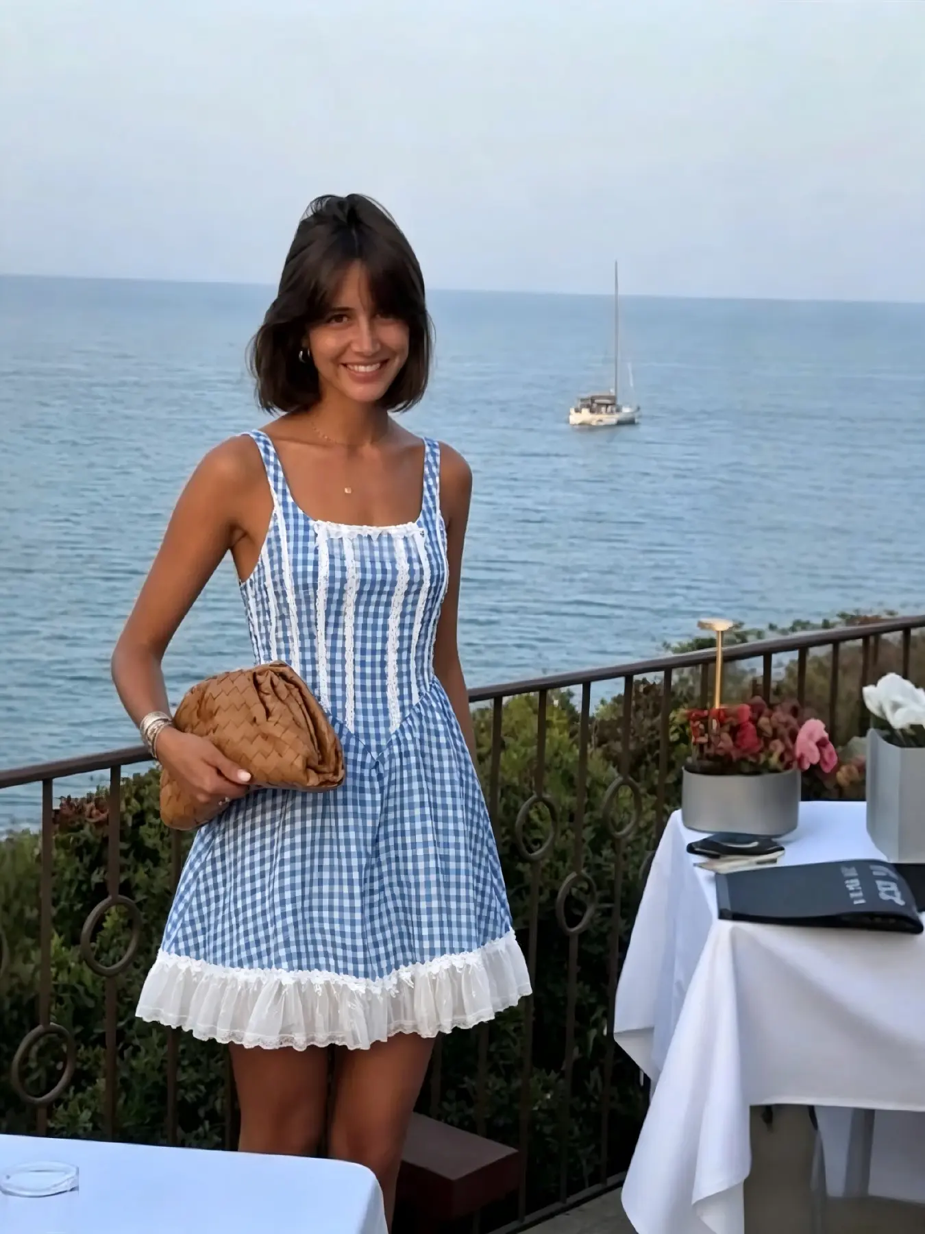 French Vintage Plaid Lace Trim Halter Mini Dress, Waist Cinched A-Line Skirt, Vacation Style Petite Dress, Elegant Summer Chic