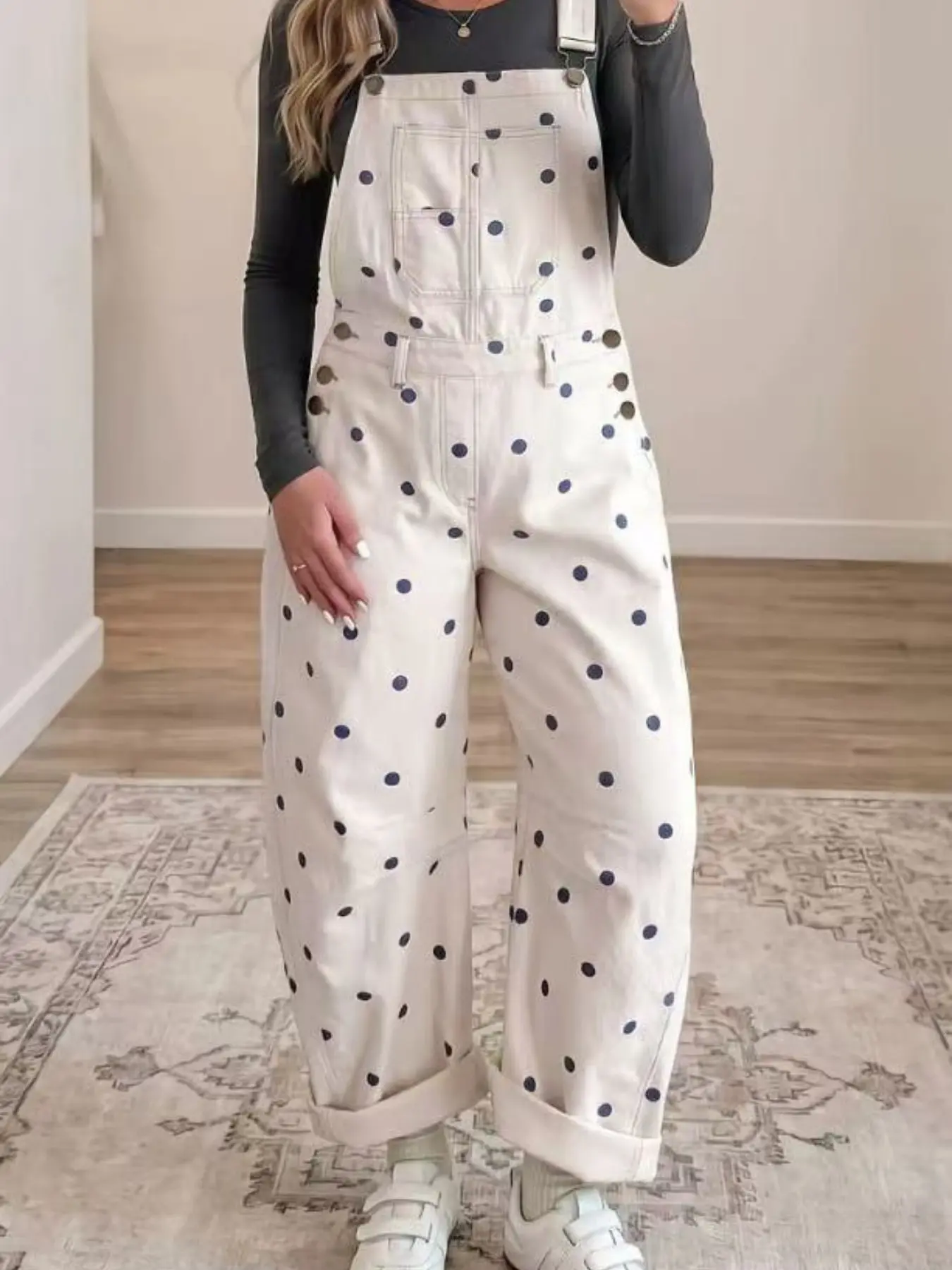 Molypark Women's Polka Dot Denim Jumpsuit, Y2K Retro Loose Fit Adjustable Straps, Casual Streetwear for All Seasons, Adjustable Strap Overalls