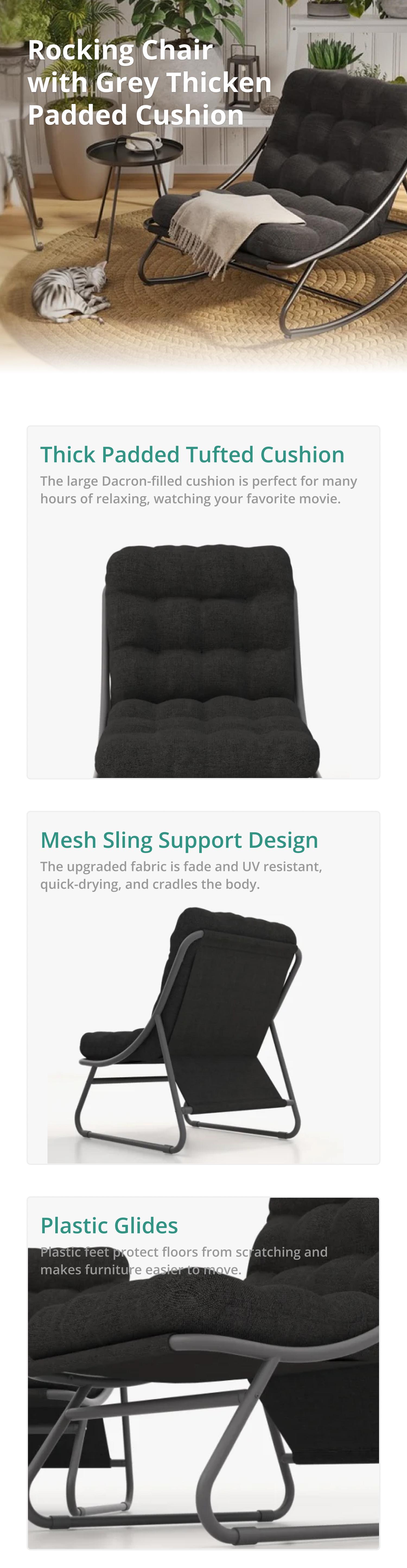 GRAND PATIO Indoor & Outdoor Rocking Chair with Thicken Dark Grey Cushion for Patio, Porch, Garden Modern Design GRAND PATIO Indoor & Outdoor Rocking Chair with Thicken Dark Grey Cushion for Patio, Porch, Garden Modern Design