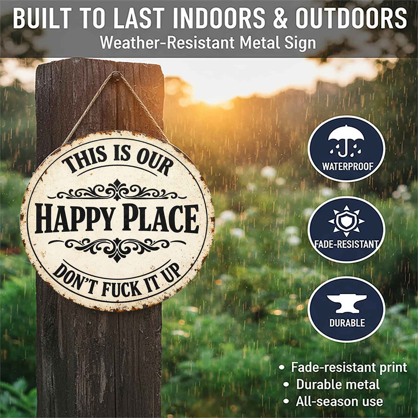 This Is Our Happy Place Don't Fuck It Up Round 8x8 Inch Aluminum Metal Sign - Vintage Rustic Wall Decor for Home, Family Room, Living Room, She Shed - Sarcastic Attitude Tin Sign
