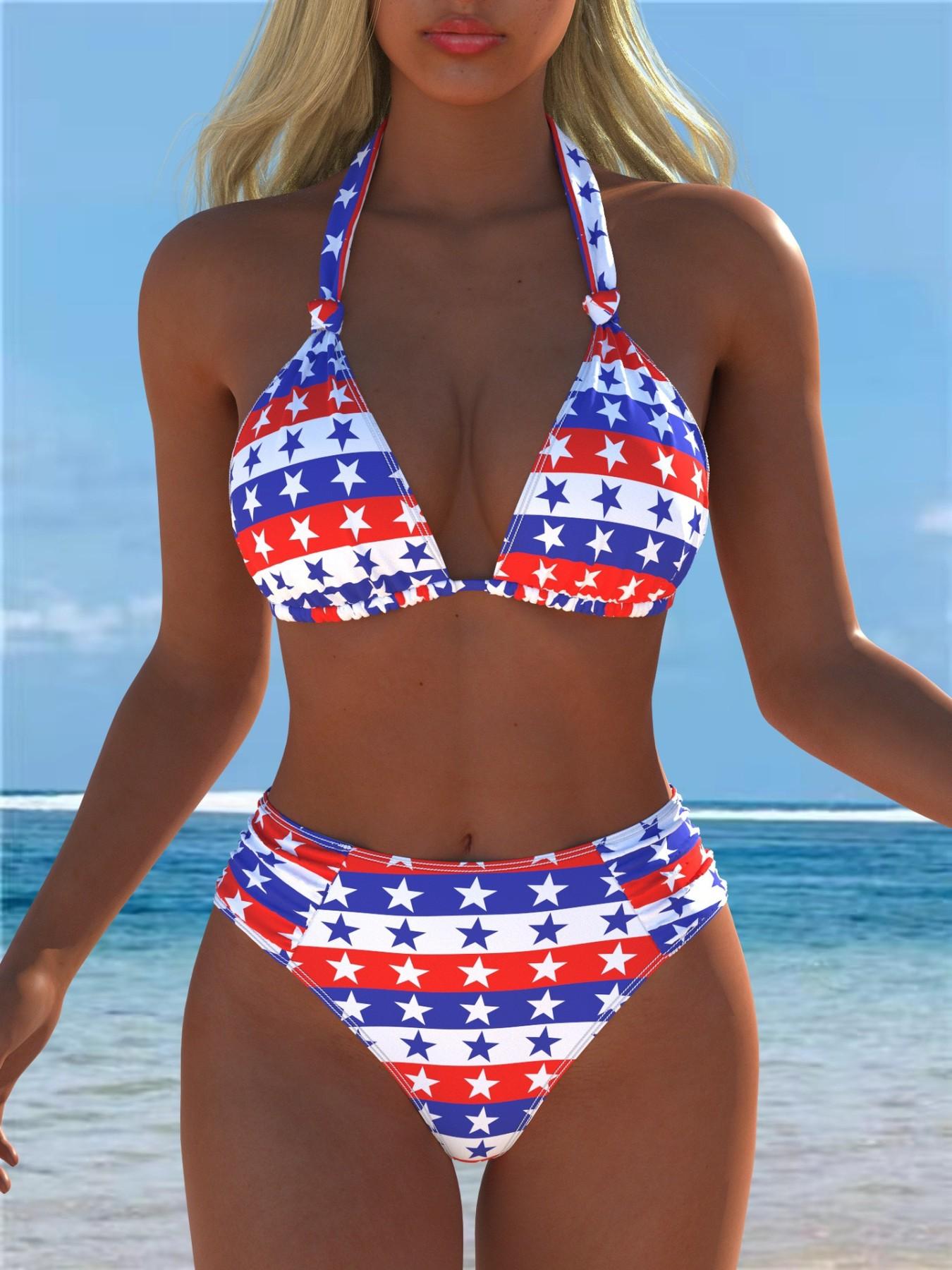 Women's Sexy Bikini Two-Piece Swimsuit, Star Flag Print Halter Neck Design, Deep V Back Tank Top & Bottoms, Summer Beachwear, Swimwear Sets