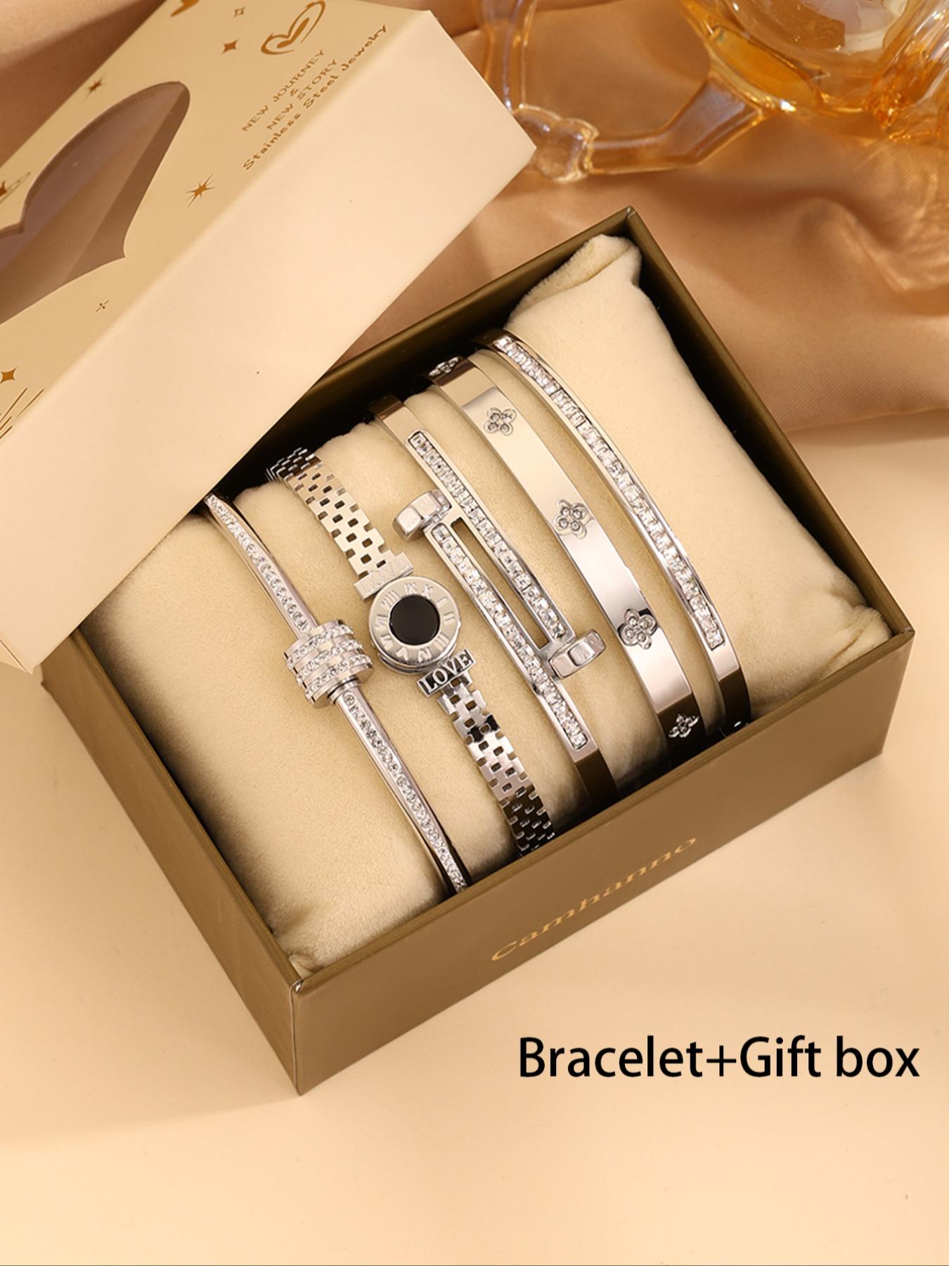 5-piece Set Of Unisex's Elegant and Luxurious 304 Stainless Steel Bracelets with Gift Box, High-quality and Fashionable Items for Christmas Gift, Birthday Gift Box and Stackable Bracelets