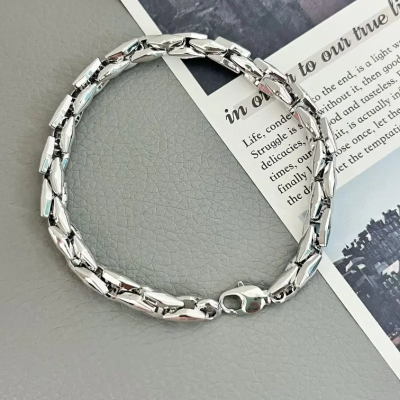 Alloy Cuban Bracelet for Men & Women, Handmade Hollow Rhombus Fishbone Design, Anti-fade Hip Hop Wrist Jewelry