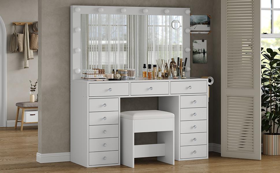 FUSOU 47''W 13 Drawers Vanity Desk, Makeup Vanity with Power Outlet, Vanity Table with Mirror and 12 LED Bulbs, 3 Color Lighting Modes, Glass Top, Dressing Table for Bedroom FUSOU 47''W 13 Drawers Vanity Desk, Makeup Vanity with Power Outlet, Vanity Table with Mirror and 12 LED Bulbs, 3 Color Lighting Modes, Glass Top, Dressing Table for Bedroom