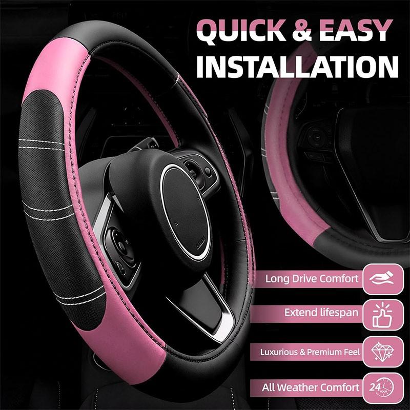 6Counts Car Interior Accessories Set: Sporty PU Leather Steering Wheel Cover (14.5-15 inch Universal), Microfiber PU Leather Car Console Cover, Seatbelt Pads, Cup Holder Pads. Suitable for Men and Women, All Seasons.