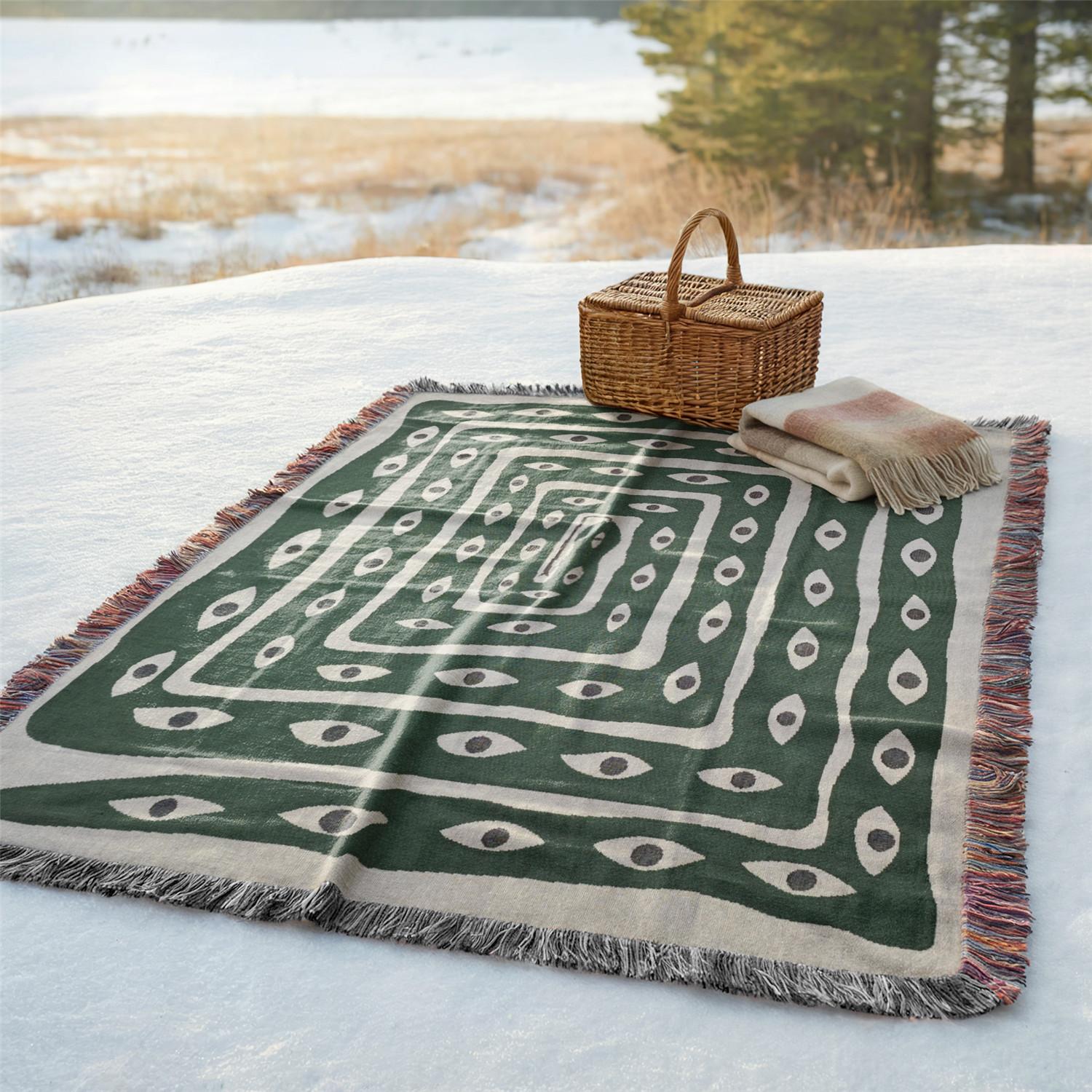 Multi-Function Tassel Woven Blanket -Green Snake Pattern Bed Blanket, Also for Sofa Cover Couch Throw Blanket Armchair Home Decor Room Wall Art Tapestry Furniture Slipcover Tablecloth Shawl Outdoor Picnic Camping Beach Towel Office Nap Hippie
