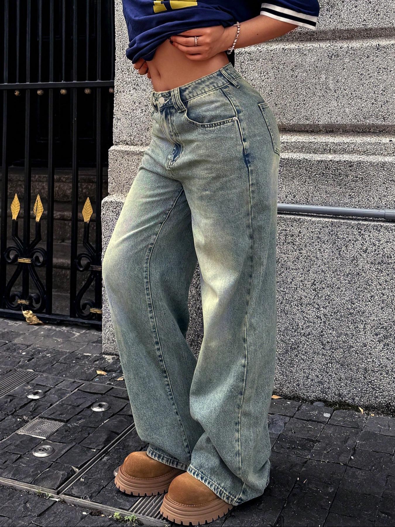 Women's Elastic Wide Leg Jeans, Vintage Style Casual Fashion Denim Jeans, Trendy Relaxed Fit Long Jeans for All Seasons