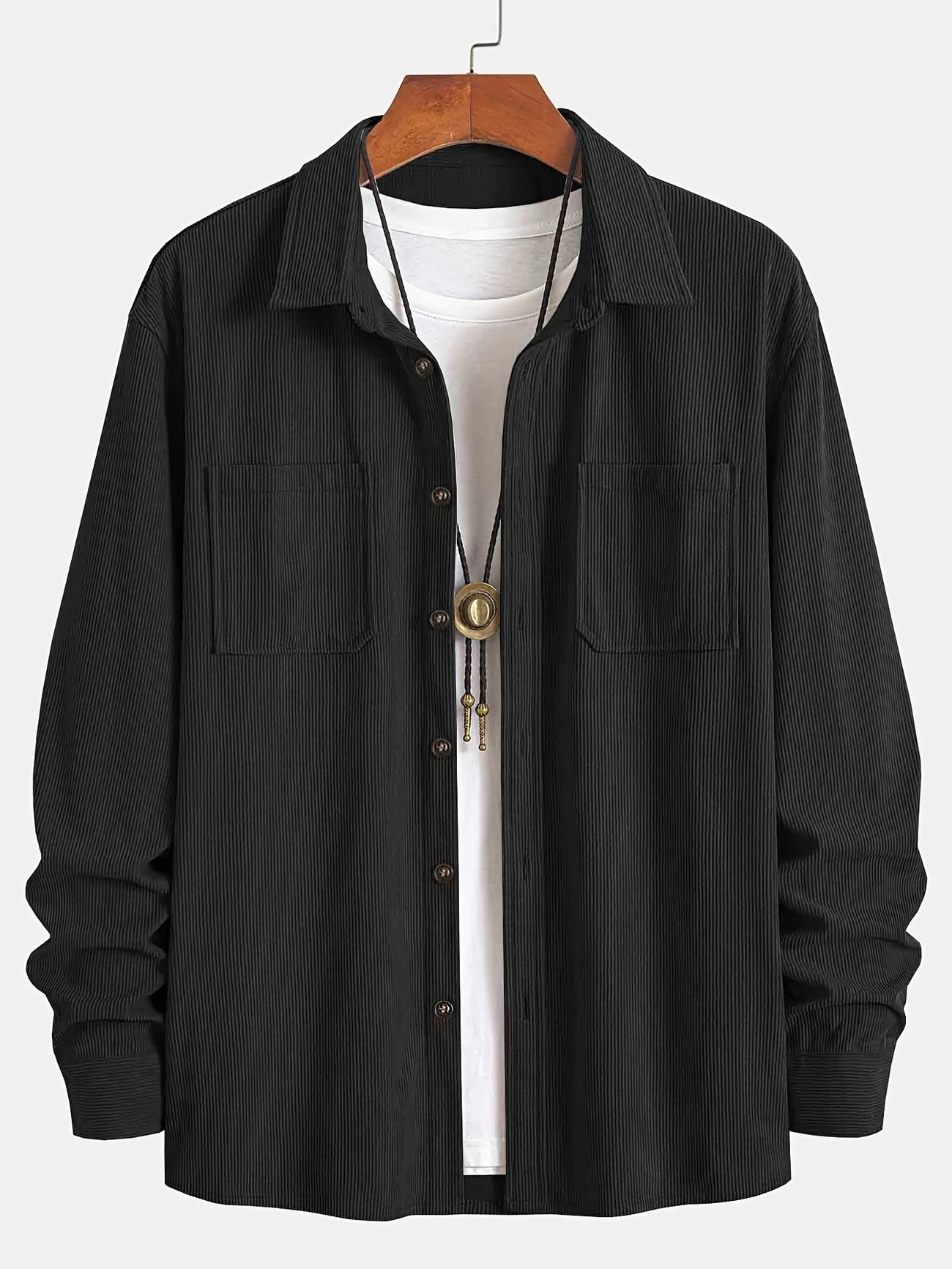 Popular corduroy material men's casual shirt jacket with lapel buttons, long sleeved cardigan, double patch pocket design suitable for daily leisure, fashion, simplicity, commuting, street fashion, spring and autumn long sleeved shirt