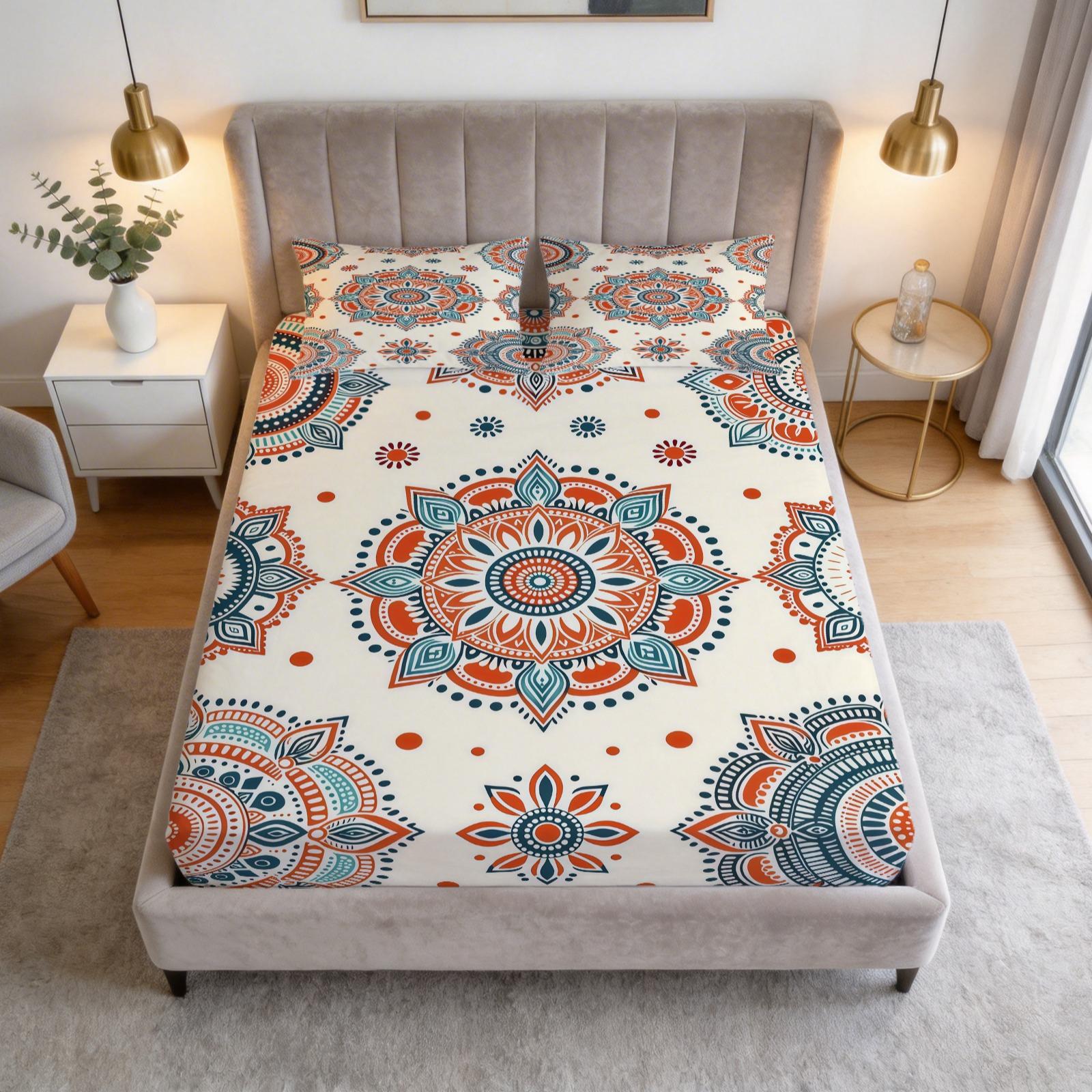3-Piece Bohemian Style Patterned Bed Sheet Set, Boho Sheets, Including 1 Bed Sheet And 2 Pillowcases (Excluding Pillow Core), Comfortable Bedding, Non Slip Suitable For Bedrooms, Suitable For Children And Teenagers As Gifts And Decorations