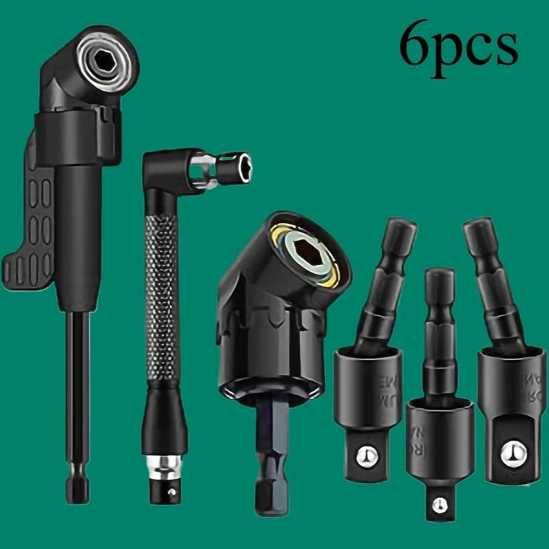 【Valentine's Day】6pcs Right-Angle Drill Bit Accessory Set, Including 3 360° Rotatable 1/4, 3/8, 1/2 Inch Impact Grade Socket Adapters, 2 105° Hex Shank Angle Drill Adapters And 90° Bevel Drill Bit, Tool Kit Heavy Duty