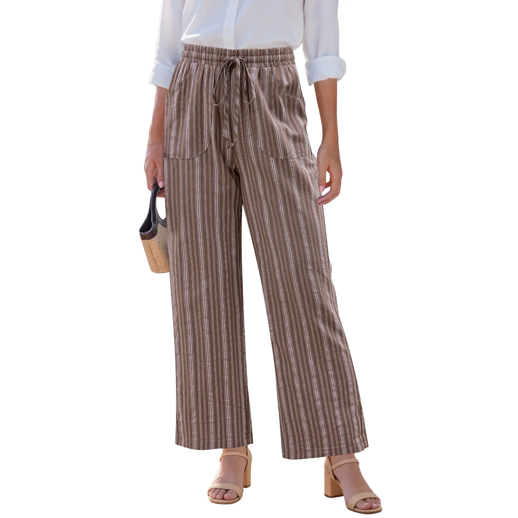 GRAPENT Women's Linen-Cotton Blend Wide Leg Striped High-Waisted Pull-On Elastic Drawcord Pants, Casual Wear for Summer Beach Vacation