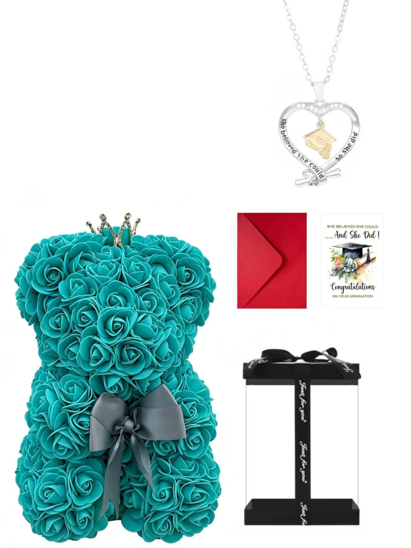 Graduation Gift Set, Handmade Crown Rose Bear Box, Bachelor Hat Necklace, Small Bear Set, Perfect Graduation Present for Friends