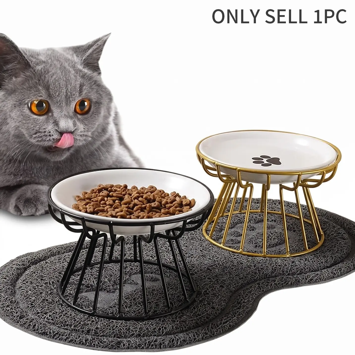 High-End Ceramic Cat Bowl with Stable Iron Stand (detachable), Protects Neck & Spine, Waterproof & Rustproof, Prevents Tongue, Designed for Cats