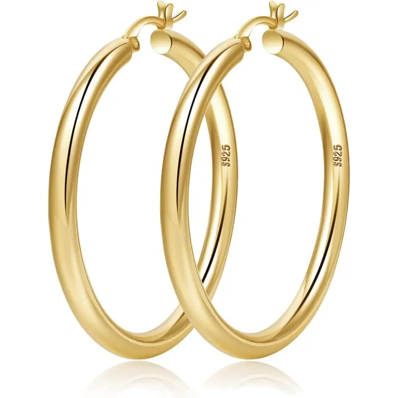 4mm Thick Gold Chunky Earrings Silver Post Hoops Earrings For Women Hollow Tube Hoops Earrings Thick Gold Hoop Earrings Hypoallergenic Lightweight Gold Hoop Large Earrings 20/30/40/50/60MM