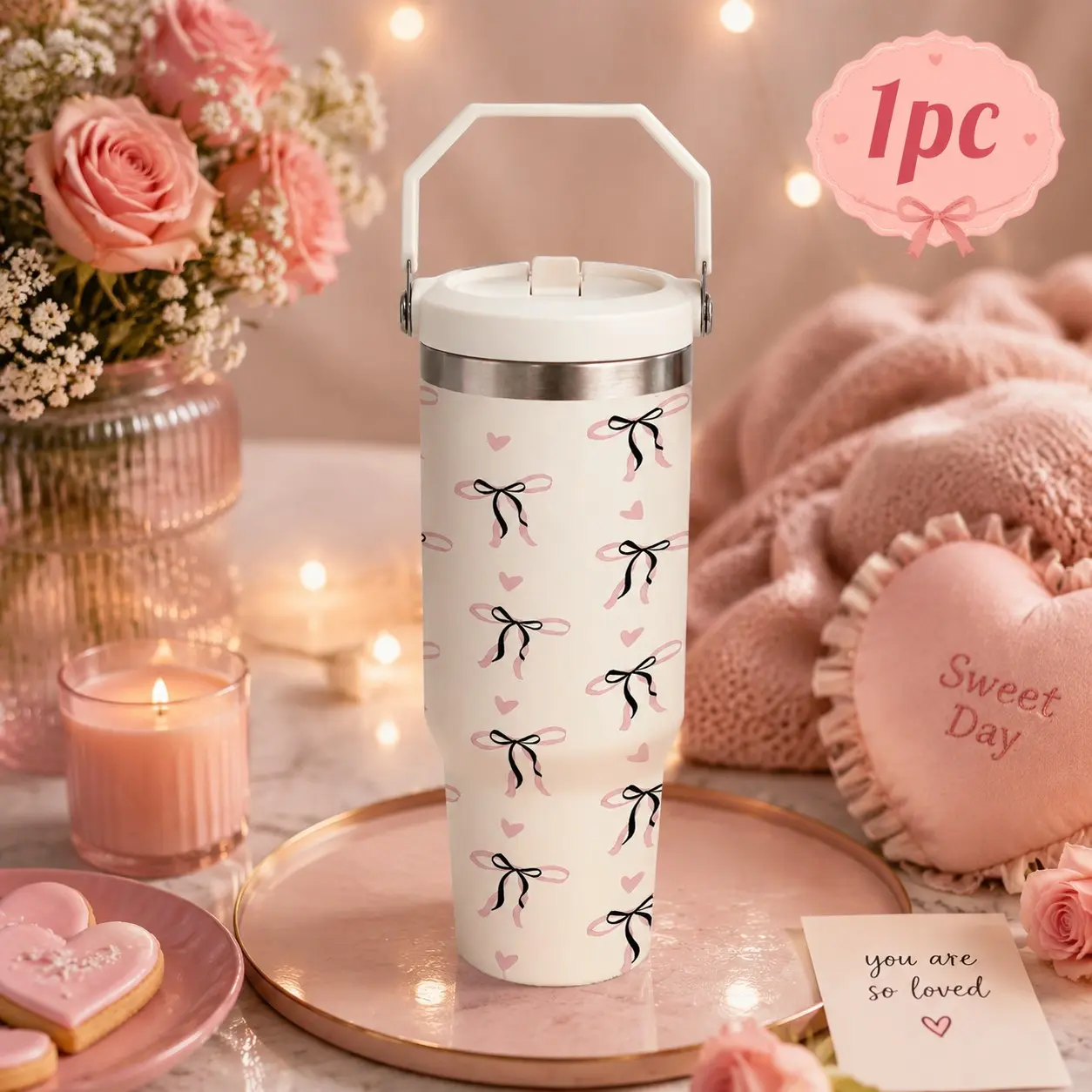 30oz Bow Tumbler with Handle, Cute Pink Heart Print Cup, Coquette Aesthetic Travel Mug, Romantic Ribbon Design Stainless Steel Water Bottle, Girly Cute Drinkware, Valentine’s Day Gift Idea, Sweet Love Theme Cup, Trendy Tumbler, Viral TikTok Find