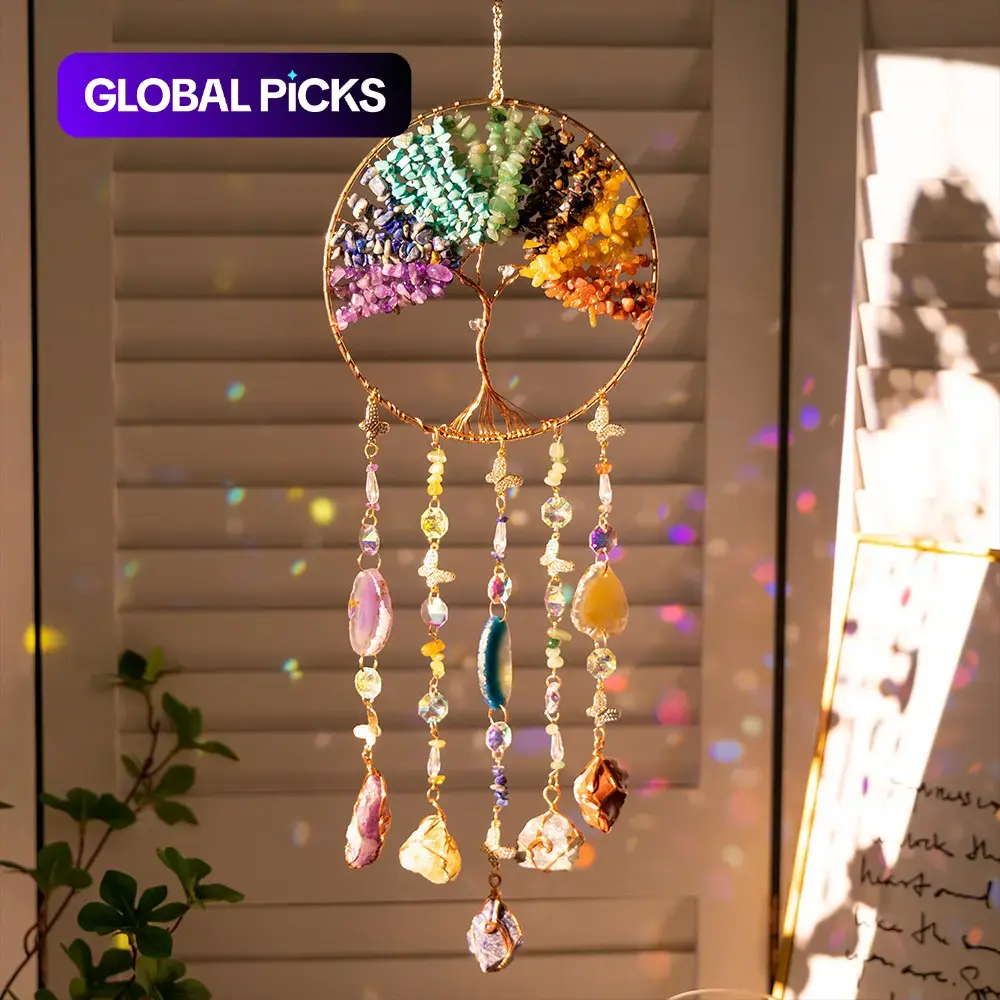 Bohemian Tree of Life Dream Catcher, Crystal Sun Catcher & Stone Wind Chime, Hangable Irregular Tree Shape, Home Living Room and Window Garden Hanging Decoration, Wall Art Ornament, Boho Decoration, Birthday Housewarming Gift #GLOBAL PICKS