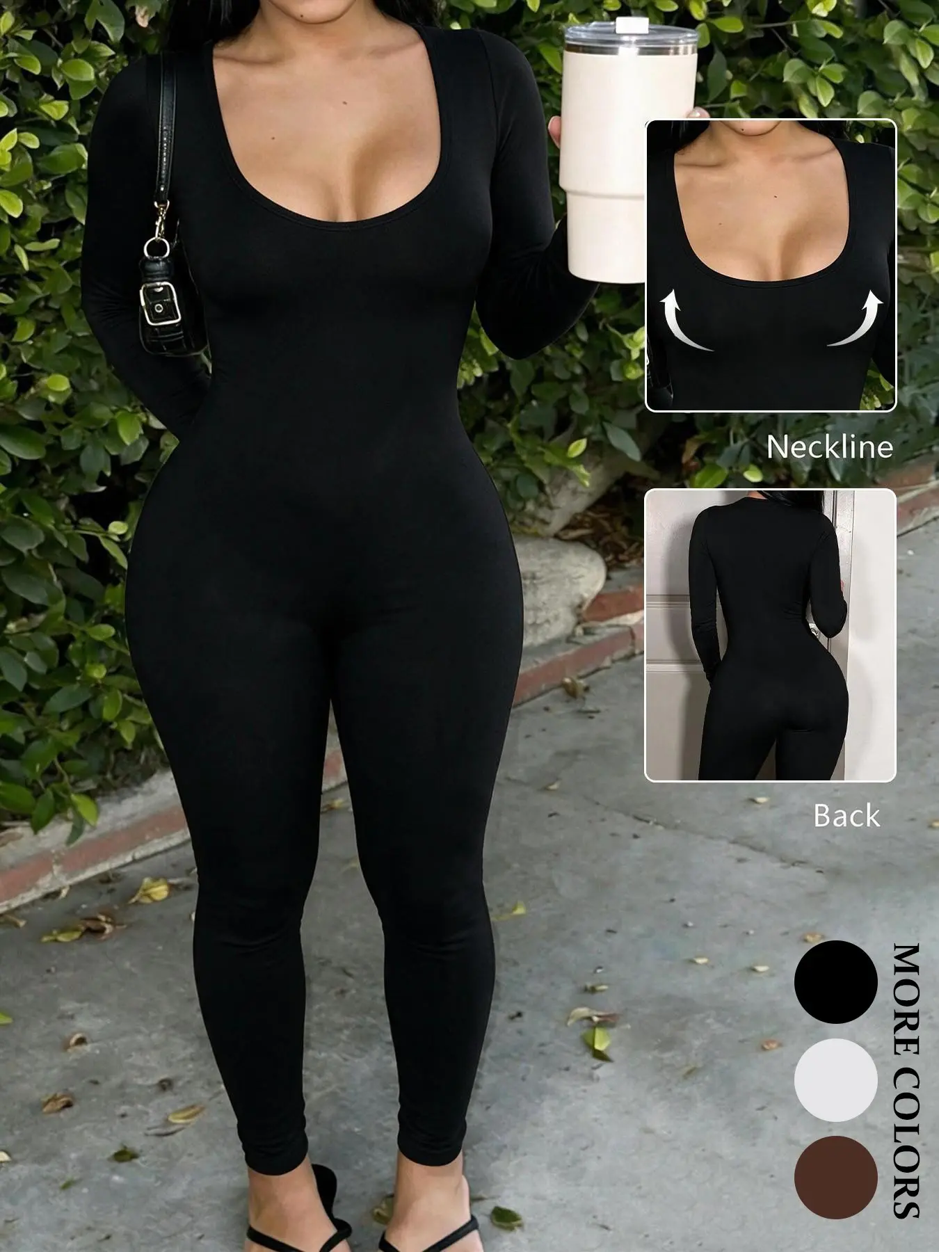 Body Shaping Black U Neck Long Sleeve Jumpsuit, Stretch Knit Wrap Figure Lines, Deep U Neck Modify Upper Body, Slim Long Leg Pants Extend Proportion, Curvy & Petite Friendly Design, Daily Walking Outfit, Party Styling, Simple All-Black Slimming One-Piece