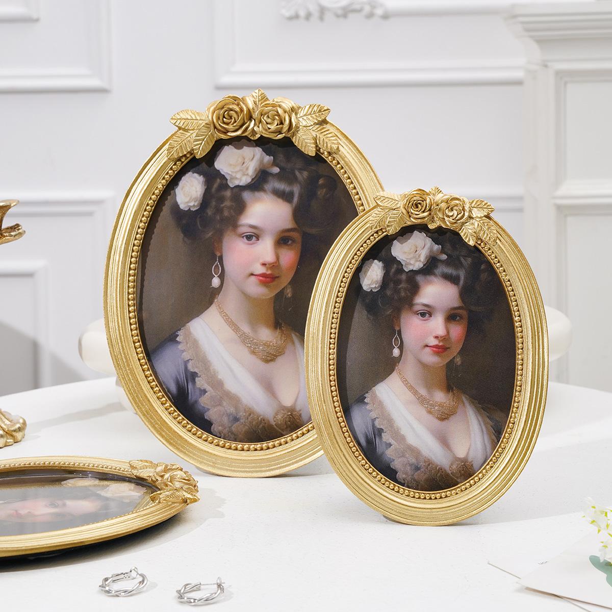 European Vintage Rose Carving Oval Photo Frame, Resin Material Hand-Painted, Home Decor for Bedroom, Living Room, Office