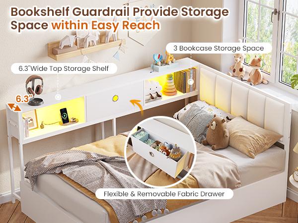 Hasuit Corner Twin Lift Up Storage Bed Frame with Charging Station & LED Lights, Twin Day Bed with Upholstered Headboard and Bookcase, Corner Beds with Hydraulic for Kids Teens Guests