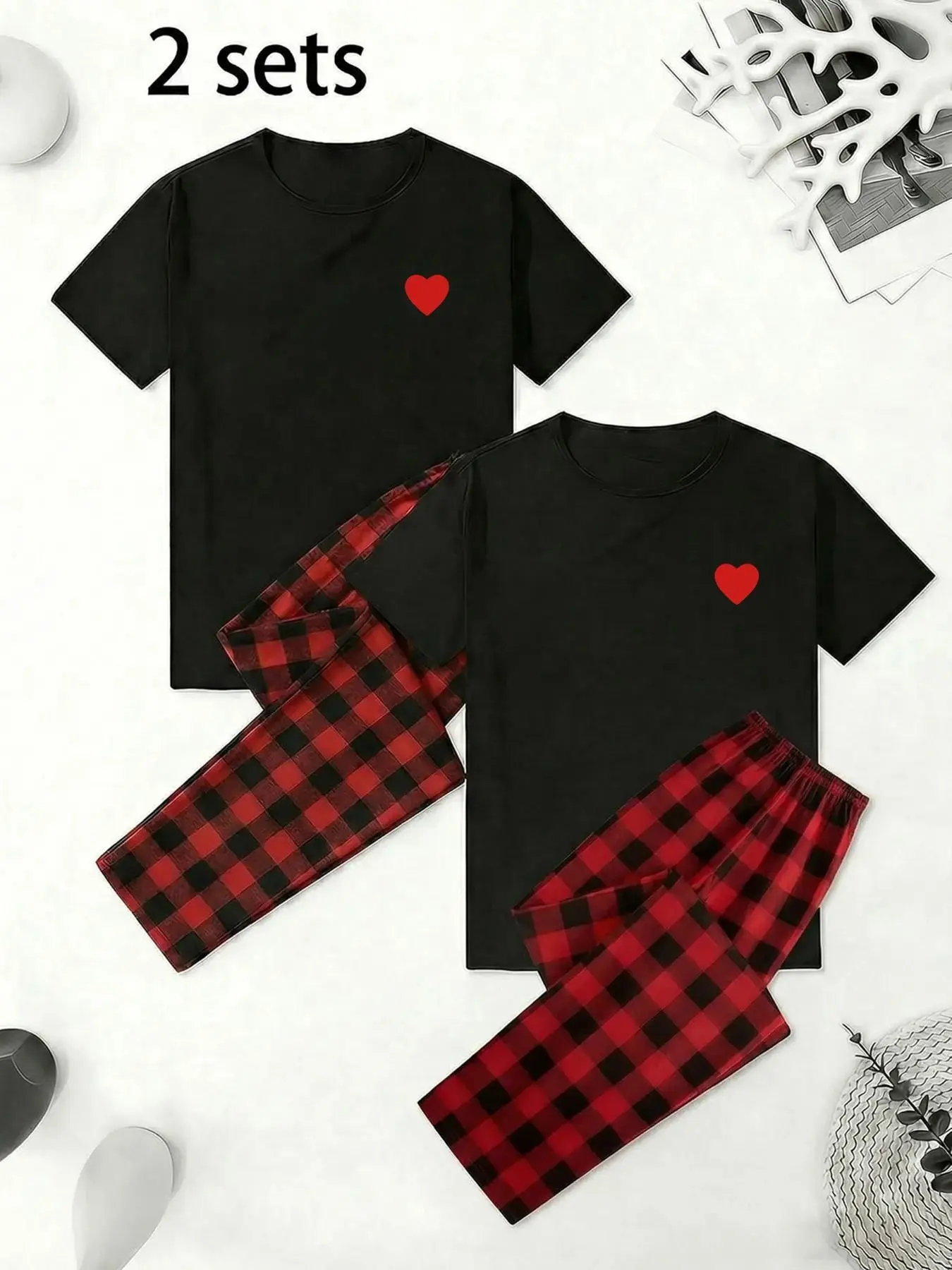 2 Pairs Couple Sleepwear Set, Round Neck Short Sleeve Heart Print T-Shirt, Plaid Loose-Fit Pants, Soft Home Wear
