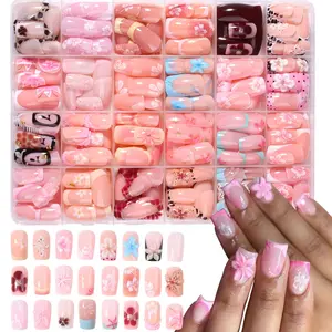 576pcs Short Square French Press-On Decorative Nails, 3D Gel Flower Peony Nail Art with Polka-Dot and Leopard Patterns, Acrylic False Nail Set