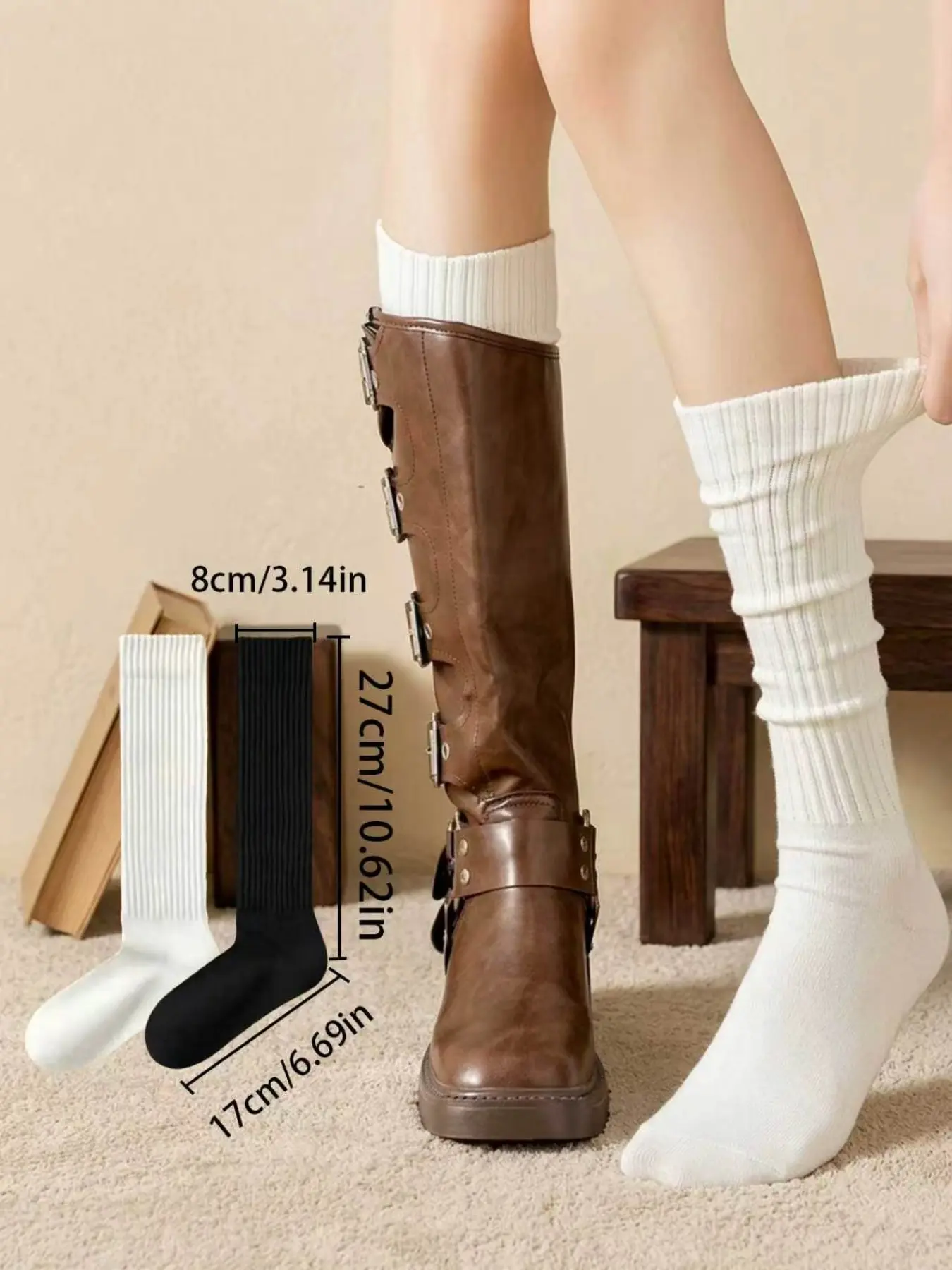 2 Pairs Women's Vertical Stripe Mid-Calf Socks, Slim-Fit Plain Color Socks, Preppy Style for Fall & Winter