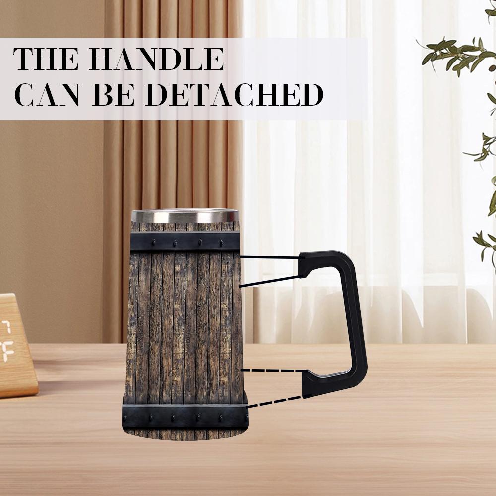 1pc 24oz Barrel Texture Stainless Steel Beer Mug With Big Handle, Vintage Rustic Wood Barrel Print Double Wall Insulated Travel Coffee Beer Cup, Leakproof Large Capacity Water Tumbler For Bar Pub Camping, Retro Western Gift For Men Beer Lovers