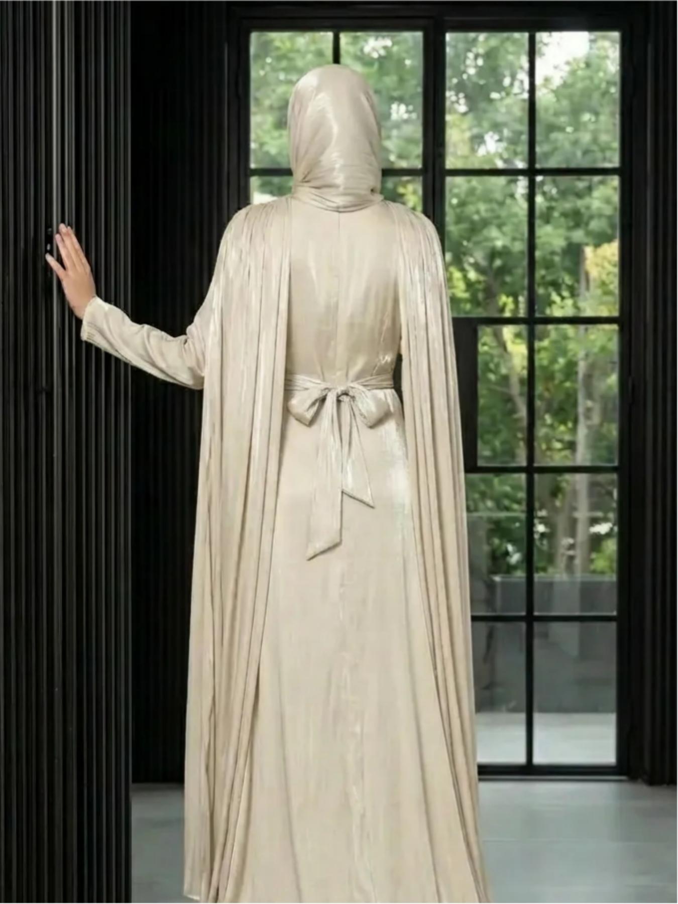 Elegant Pleated Cape Abaya Long Robe, Fashionable Light-Reflective Party Dress, Muslim Evening Dress, Perfect for Gatherings and Ceremonies, Modest Gown for Muslim Women