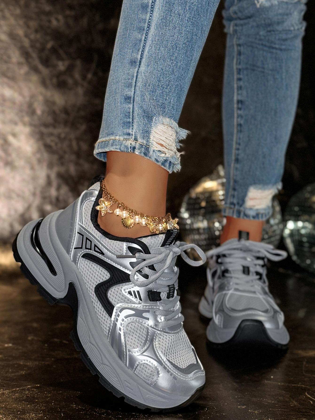 New Women's Chunky Sole Sports Shoes, Casual Dad Sneakers, Thick Soled Sneakers, Lace Up Sneakers, Thick Sole Sneaker, Athletic Shoes, Casual Athletic Trainers, Women's Fashionable Comfortable Breathable Shoes for All Seasons, Sneaker Footwear