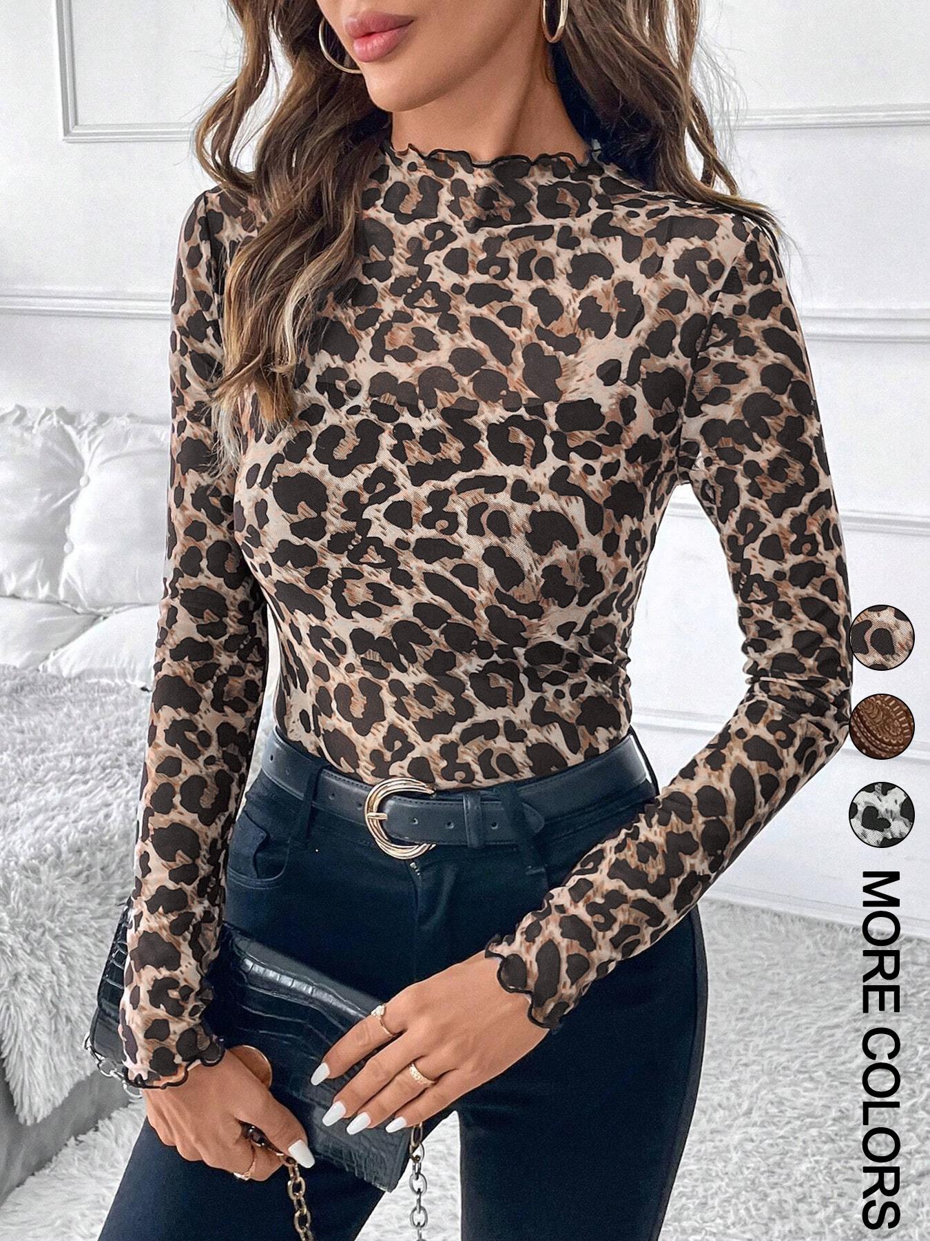 Elegant Sexy Leopard Print Sheer Mesh All-Over Printed Women's Top, Slim-Fitting Lightweight Summer Style for Casual Wear