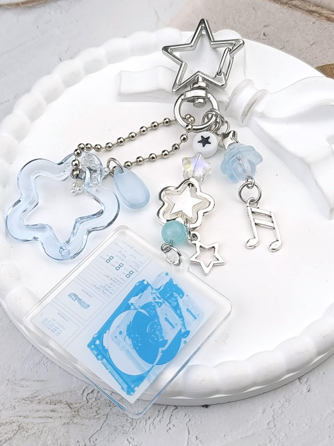 Multielement Star Keychain, Sweet Cool Y2K Style, Blue Dual Color Options, Transparent Star + Note Pendant + Album Card Holder, Unique Design