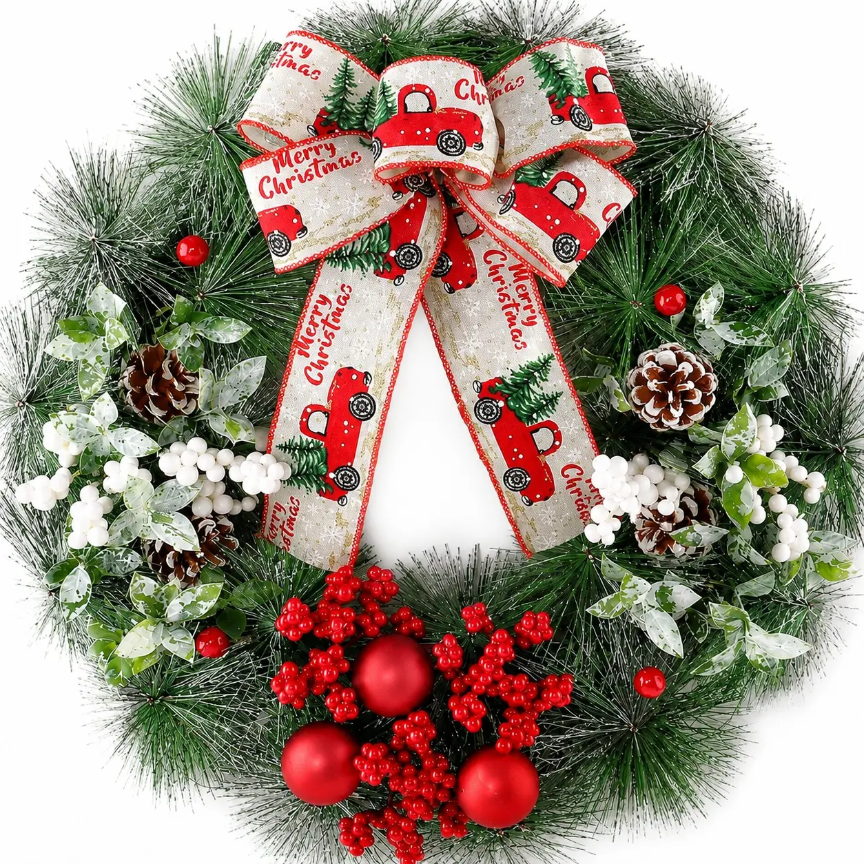 Faux Pinecone and Berry Holiday Wreath | Merry Christmas Bow Decor | Nostalgic Front Porch