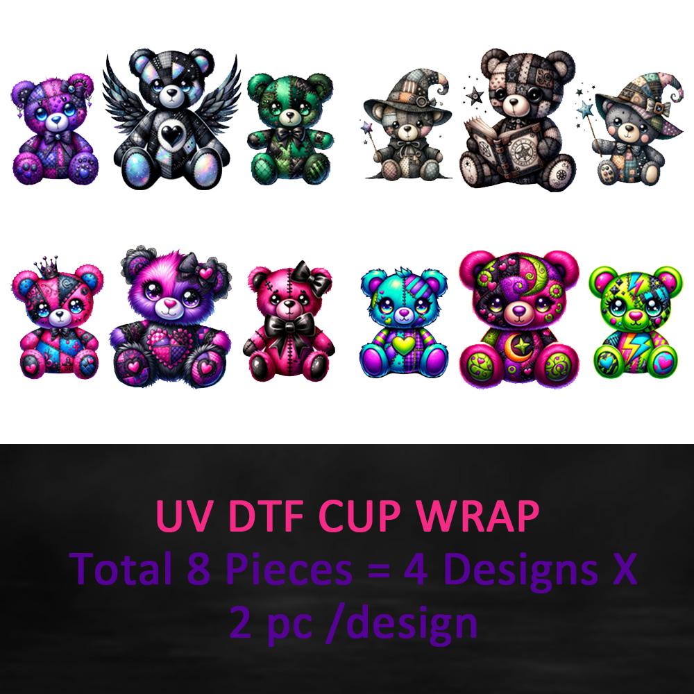 8-Piece Set, 4 Designs X 2 Pieces, 16 Oz UV DTF Crafts Cup Stickers, Bear Pattern 3D Decals, Durable Mixed Color Transfer Material