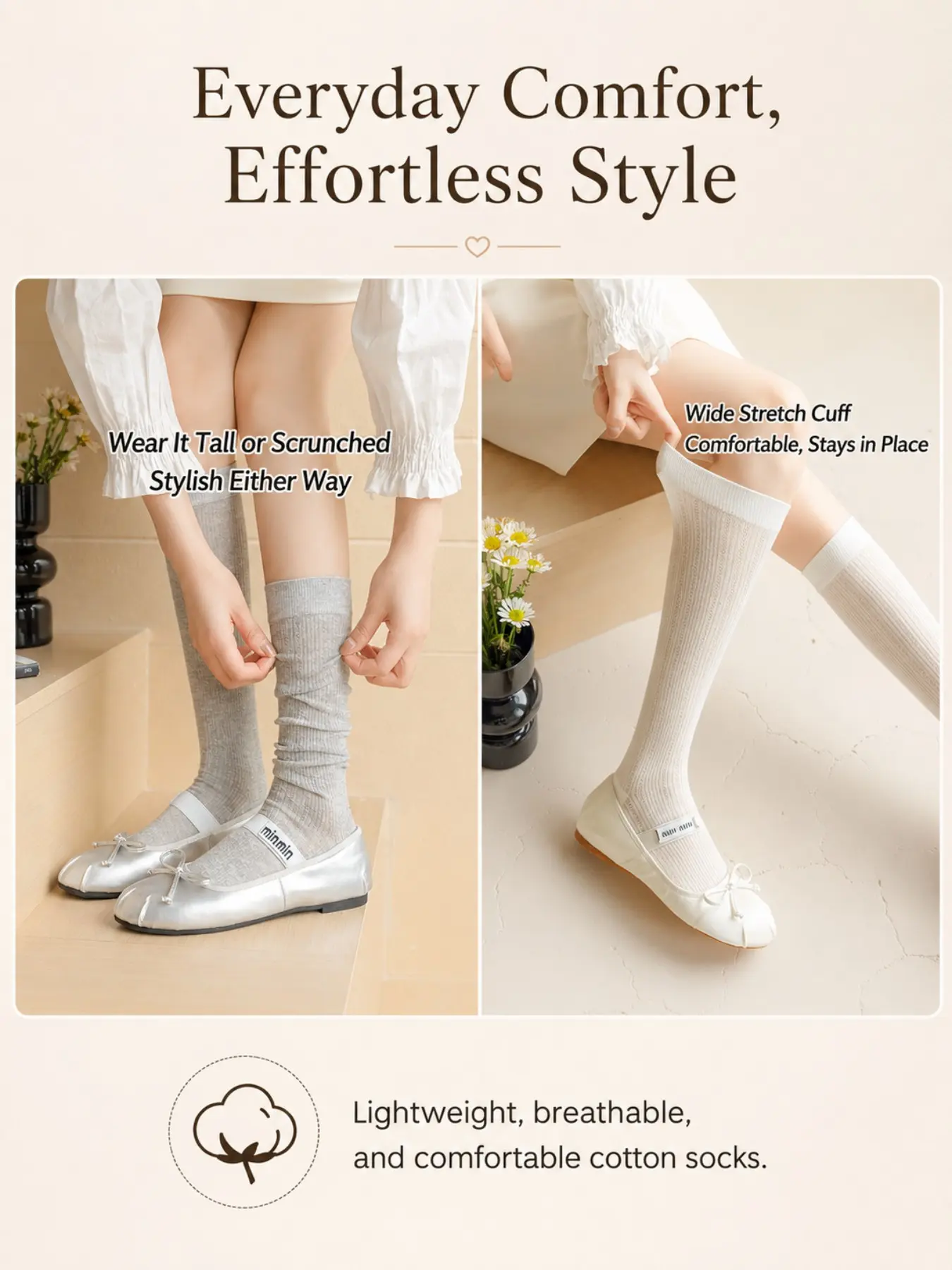 4 pairs or 2 pairs- Women's Knitted lower leg Socks,Long Socks，Stacked Socks，Preppy Style Basic Minimalist  Breathable Comfort, High Elasticity, Multi-Use,Relaxation and leisure , Loose Fit, Perfect for Summer & Fall