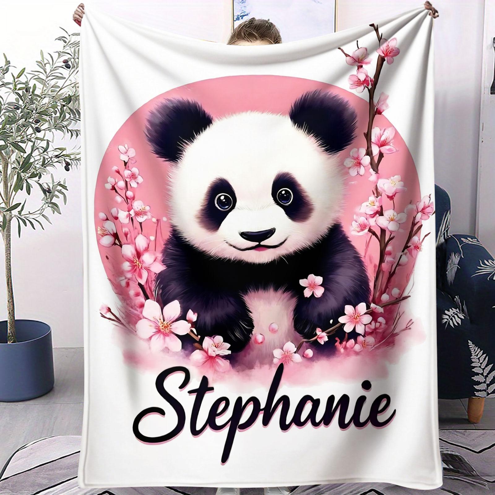 Custom Name Watercolor Panda Cherry Blossom Flannel Blanket, Personalized Floral Animal Print Throw Blanket, Ultra Soft Cozy Warm Blanket, Unique Gift Blanket for Girls, Panda Lovers