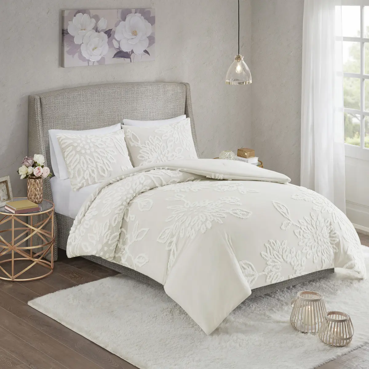 Nokaa 3-Piece Tufted Cotton Chenille Floral Comforter Set - King/Cal King, Ivory Lightweight Bedroom Bedding with Shams for All-Season Use