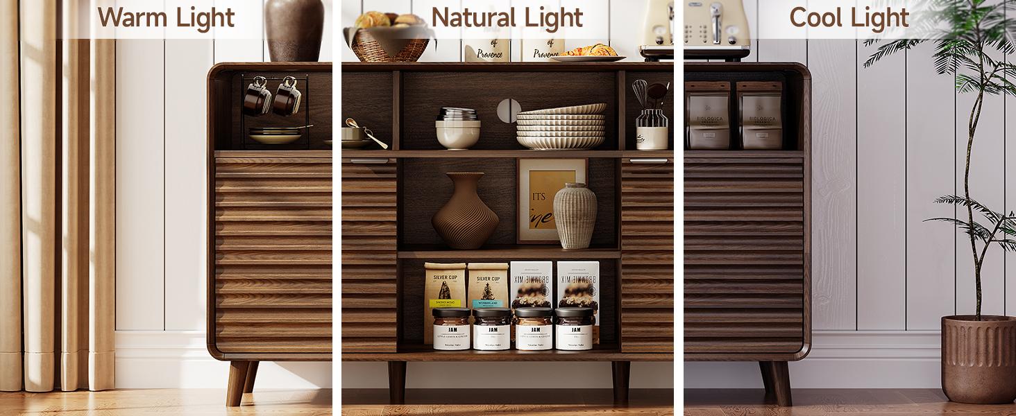 【SPOTLIGHT DAY】ONBRILL 58 Inch Curved Sideboard Buffet Cabinet w/2 Wave Doors and Open Storage Spaces, Angled Side Frame, Sideboard Storage with Adjustable Shelves, Coffee Bar Cabinet for Dining Room, Living Room